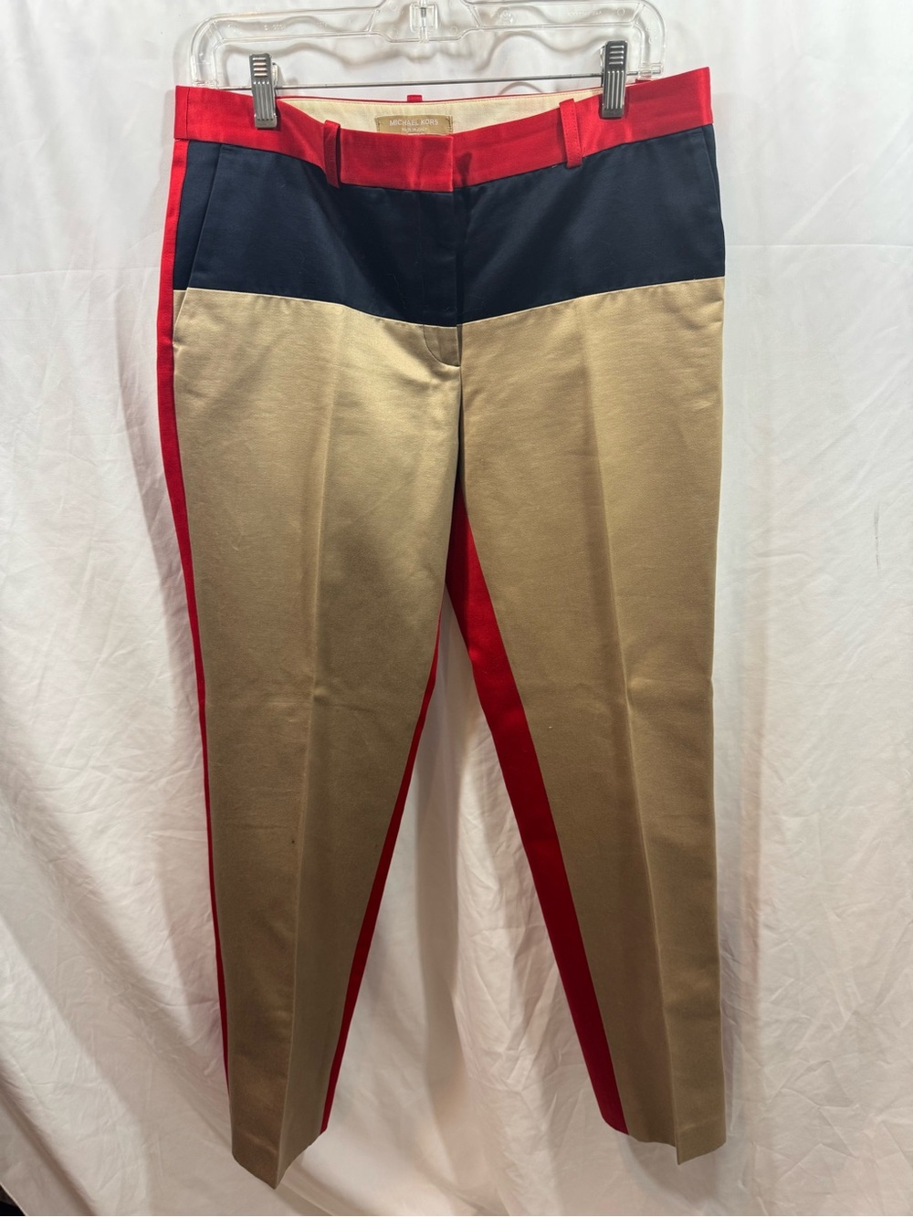 Michael Kors Colorblock Tuxedo-Style Pants in Khaki, Navy & Red 8